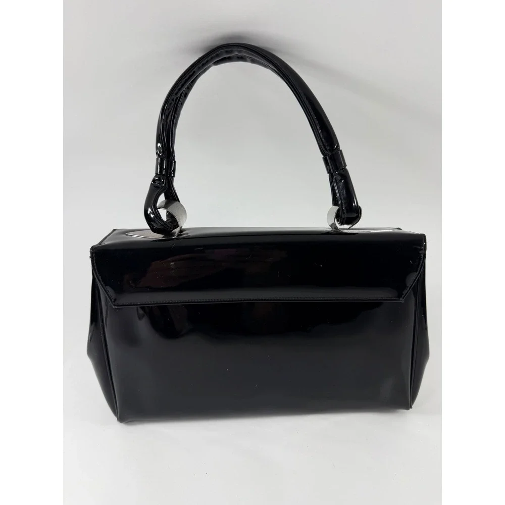 Crown Lewis Black Patent Leather Top Handle Bag Silver Hardware Dark Academia